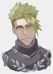Rule 34 | 1boy, absurdres, achilles (fate), armor, brown eyes, cropped shoulders, fate/apocrypha, fate (series), green hair, grey background, grimace, haruakira, highres, looking at viewer, male focus, mature male, short hair, simple background, solo, turtleneck, undercut