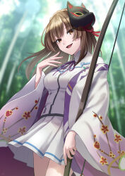 Rule 34 | 1girl, absurdres, blurry, blurry background, bow (weapon), brown eyes, brown hair, cowboy shot, day, forest, fox mask, haori, heaven burns red, highres, holding, holding bow (weapon), holding weapon, japanese clothes, kiryuu miya, long hair, long sleeves, looking at viewer, mask, mask on head, mole, mole under eye, nature, neck ribbon, nil (pixiv 53614557), outdoors, pleated skirt, ribbon, skirt, smile, solo, weapon, wide sleeves