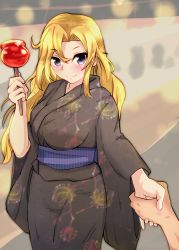 Rule 34 | 1girl, absurdres, alternate eye color, blonde hair, blue eyes, candy apple, festival, floral print, food, highres, holding, holding hands, holding weapon, hornet (kancolle), japanese clothes, kantai collection, kimono, kitahama (siroimakeinu831), long hair, looking at viewer, obi, sash, solo, solo focus, summer festival, weapon, yukata