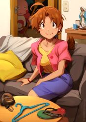 Rule 34 | 1girl, :|, absurdres, ahoge, belt, broom, brown eyes, brown hair, closed mouth, clothes hanger, commentary, creatures (company), delia ketchum, false smile, flip-flops, game freak, gen 1 pokemon, havaianas, highres, holding, holding broom, indoors, khyle., la chancla, long hair, mature female, mr. mime, nintendo, pillow, pink shirt, pokemon, pokemon (anime), pokemon (classic anime), pokemon (creature), punishment, purple skirt, sandals, shirt, sitting, skirt, smile, virgin of guadalupe, waiting, when you see it, yellow shirt