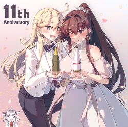 Rule 34 | 3girls, anniversary, black bow, black bowtie, black pants, blonde hair, blue eyes, bow, bowtie, breasts, cherry blossoms, dress, earrings, english text, epaulettes, flower, hair flower, hair intakes, hair ornament, himeyamato, huge breasts, iowa (kancolle), jacket, jewelry, kantai collection, kongou (kancolle), kongou kai ni (kancolle), large breasts, long hair, long sleeves, lower teeth only, military uniform, multiple girls, one eye closed, open mouth, pants, ponytail, red eyes, round teeth, shirt, sidelocks, smile, star-shaped pupils, star (symbol), symbol-shaped pupils, teeth, traditional bowtie, uniform, very long hair, white dress, white jacket, white shirt, yamato (kancolle)