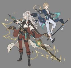 Rule 34 | 2boys, absurdres, ahoge, black footwear, blonde hair, blue coat, boots, brown cape, cape, coat, electricity, full body, grey background, guan dao, hair over one eye, high ponytail, highres, holding, holding polearm, holding weapon, honkai: star rail, honkai (series), jing yuan, long hair, multiple boys, pants, papajay (jennygin2), polearm, red pants, shirt, sidelocks, simple background, tassel, very long hair, weapon, white footwear, white hair, white pants, white shirt, yanqing (honkai: star rail), yellow eyes