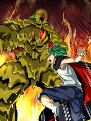 Rule 34 | 1girl, antennae, asutora, bare arms, battle, bio broly, black cape, black footwear, blue pants, cape, clenched hand, colored eyelashes, commentary request, creepy, dragon ball, dragonball z, feet out of frame, fighting, fire, fire, green eyes, green hair, highres, jumping, kazami yuuka, leg up, looking at another, motion lines, open mouth, pants, plaid, plaid vest, red eyes, red vest, shirt, shoes, short hair, sleeveless, sleeveless shirt, socks, standing, touhou, vest, white legwear, white shirt, wriggle nightbug