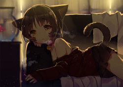 Rule 34 | 1girl, animal ears, bare shoulders, bell, black skirt, blurry, blush, breasts, brown eyes, brown hair, cat ears, cat tail, cigarette, cleavage, collar, couch, curtains, eyebrows, fish, fishbowl, goldfish, head rest, holding, indoors, jingle bell, lying, miebao, miniskirt, mole, mole under eye, nail polish, neck bell, off shoulder, on stomach, original, pleated skirt, short hair, skirt, sleeves past wrists, small breasts, solo, tail, towel