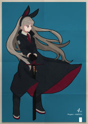 Rule 34 | 1girl, animal ears, blue background, brown hair, carv, coat, fake animal ears, floating hair, full body, gloves, grey hair, hands on hilt, katana, long hair, looking to the side, necktie, original, rabbit ears, sheath, sheathed, simple background, solo, standing, sword, two-sided fabric, two-sided skirt, very long hair, weapon, wind