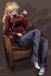 Rule 34 | 1girl, alternate costume, armchair, artist name, aurelia (dorei to no seikatsu), blonde hair, breasts, chair, dorei to no seikatsu ~teaching feeling~, full body, hair over one eye, twirling hair, half updo, large breasts, long hair, looking at viewer, pants, ray-k, red eyes, red sweater, sitting, smile, solo, sweater, wavy hair