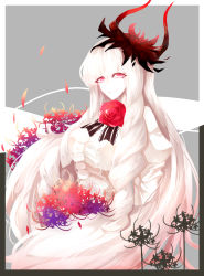 Rule 34 | 10s, 1girl, absurdres, abyssal ship, bad id, bad pixiv id, dress, female focus, flower, hair flower, hair ornament, highres, horns, kantai collection, lycoris princess, petals, pink eyes, pink flower, pink rose, puuneko, red flower, spider lily, rose, solo, spider lily, white dress, white hair
