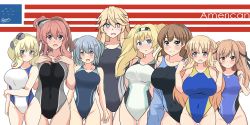 Rule 34 | 6+girls, alternate breast size, black one-piece swimsuit, blonde hair, blue eyes, blue one-piece swimsuit, breasts, brown hair, cleavage, colorado (kancolle), competition swimsuit, double bun, fletcher (kancolle), gambier bay (kancolle), hair bun, hairband, highres, intrepid (kancolle), iowa (kancolle), johnston (kancolle), kantai collection, large breasts, long hair, multiple girls, noruren, one-piece swimsuit, samuel b. roberts (kancolle), saratoga (kancolle), star (symbol), star in eye, swimsuit, symbol in eye, united states, white one-piece swimsuit