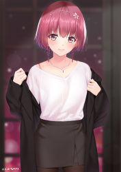 Rule 34 | 1girl, azuki nagamitsu (tenka hyakken), black coat, black skirt, blurry, blurry background, blush, bra strap, braid, breasts, brown eyes, brown pantyhose, chobipero, coat, collarbone, colored tips, cowboy shot, dated, flower, gradient hair, hair flower, hair ornament, hairband, hands up, highres, jewelry, lipgloss, long sleeves, looking at viewer, miniskirt, multicolored hair, necklace, open clothes, open coat, pantyhose, pencil skirt, pendant, purple hair, red hair, ribbed sweater, short hair with long locks, skirt, sleeves past wrists, smile, solo, standing, streaked hair, sweater, tenka hyakken, twin braids, undressing, v-neck, white sweater