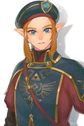 Rule 34 | 1boy, artist name, bad id, bad pixiv id, black hat, black shirt, blonde hair, blue eyes, blue hat, commentary request, hat, highres, hylian shield, ivy (sena0119), link, long sleeves, looking at viewer, male focus, medium hair, military, military uniform, nintendo, parted lips, pointy ears, red shirt, red sweater, royal guard set (zelda), shadow, shield, shirt, simple background, solo, sweater, tabard, tagme, teeth, the legend of zelda, the legend of zelda: breath of the wild, triforce print, turtleneck, uniform, upper body, white background