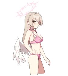 Rule 34 | 1girl, angel wings, artpatient, ass, blue archive, blush, bra, breasts, cleavage, closed mouth, collarbone, cowboy shot, cropped legs, feathered wings, from side, halo, highres, light brown hair, long hair, medium breasts, nagisa (blue archive), navel, panties, pink bra, pink halo, pink panties, profile, simple background, solo, underwear, underwear only, white background, white wings, wings, yellow eyes