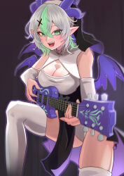 Rule 34 | 1girl, absurdres, alternate costume, apricot the lich, black background, blush, breasts, cleavage, demon girl, demon horns, demon wings, eyeshadow, fingernails, green eyes, green hair, grey hair, guitar, habit, hair ornament, highres, holding, holding guitar, holding instrument, horns, instrument, large breasts, looking at viewer, makeup, medium breasts, multicolored hair, multiple horns, nun, open mouth, pink mousse, pointy ears, purple horns, purple wings, sharp fingernails, short hair, smile, solo, streaked hair, teeth, thighhighs, virtual youtuber, vshojo, white thighhighs, wings, x hair ornament