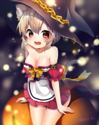 Rule 34 | 1girl, :d, animal ears, bare shoulders, belt, blush, bow, breasts, chain, cleavage, dress, fang, halloween, hat, nachiru, open mouth, original, pumpkin, red eyes, short hair, silver hair, sitting, smile, solo, tail, witch hat