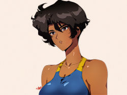 Rule 34 | 1990s (style), 1girl, black hair, blue one-piece swimsuit, breasts, commentary, competition swimsuit, dark-skinned female, dark skin, david liu, english commentary, golden boy, grey background, hair between eyes, hayami ayuko, highres, large breasts, lips, mole, mole under mouth, one-piece swimsuit, portrait, purple eyes, retro artstyle, short hair, signature, solo, swimsuit, thick eyebrows
