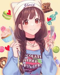 Rule 34 | 1girl, black choker, blue shirt, blush, braid, brown hair, candy, chocolate, choker, collarbone, doughnut, fake horns, food, food-themed background, fork, heart, holding, holding fork, holding knife, horned headwear, horns, idolmaster, idolmaster shiny colors, jewelry, knife, looking at viewer, macaron, off-shoulder shirt, off shoulder, otakunocamp, ring, shirt, smile, solo, sonoda chiyoko, twin braids, upper body