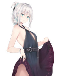 Rule 34 | 1girl, alternate hairstyle, an-94 (girls&#039; frontline), an-94 (silent rouge) (girls&#039; frontline), bare shoulders, belt, black dress, blue eyes, blush, breasts, closed mouth, clothes lift, collarbone, cowboy shot, dress, dress lift, folded ponytail, girls&#039; frontline, gloves, gradient dress, hair between eyes, hair ornament, hairband, half-closed eyes, halter dress, halterneck, high belt, highres, long hair, looking at viewer, official alternate costume, purple dress, ru zhai, sidelocks, silver hair, simple background, small breasts, smile, solo, unworn gloves, weapon case, white background, wristband
