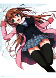 Rule 34 | 1girl, absurdres, black thighhighs, blazer, blush, brown hair, coat, gloves, green eyes, highres, huge filesize, jacket, leg up, long hair, open mouth, original, pleated skirt, scan, scarf, school uniform, shoes, simple background, skirt, smile, solo, thighhighs, tomose shunsaku, winter clothes, winter coat, zettai ryouiki
