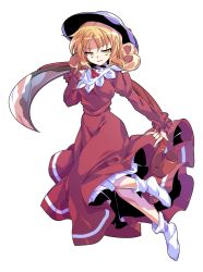 Rule 34 | 1girl, :d, alphes (style), blonde hair, bobby socks, bow, breasts, capelet, curly hair, dairi, dress, elly (touhou), eyebrows, facing away, full body, hair between eyes, hat, hat bow, holding, holding scythe, holding weapon, long sleeves, looking at viewer, m/, medium breasts, open mouth, parody, puffy long sleeves, puffy sleeves, purple bow, purple dress, red ribbon, ribbon, ribbon-trimmed capelet, ribbon-trimmed clothes, ribbon trim, scythe, short hair, smile, socks, solo, style parody, touhou, touhou (pc-98), transparent background, tsurime, v-shaped eyebrows, weapon, white capelet, white hat, white socks, yellow eyes