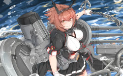 Rule 34 | 1girl, absurdres, anchor, breasts, brown eyes, brown hair, chain, closed mouth, gloves, hairband, highres, kantai collection, large breasts, looking at viewer, machinery, miniskirt, mutsu (kancolle), mutsu kai ni (kancolle), radio antenna, short hair, short sleeves, skirt, smile, solo, turret, water, white gloves, zuoteng lucha