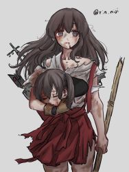 Rule 34 | 2girls, akagi (kancolle), arrow (projectile), blood, blood on clothes, blood on face, bow (weapon), broken, broken weapon, brown gloves, brown hair, closed eyes, closed mouth, death, empty eyes, gloves, grey background, grey eyes, guro, hakama, hakama short skirt, hakama skirt, holding, holding bow (weapon), holding weapon, japanese clothes, kaga (kancolle), kantai collection, long hair, multiple girls, muneate, partially fingerless gloves, partly fingerless gloves, ponytail, quiver, red hakama, rigging, rin (rin niji), severed head, side ponytail, simple background, single glove, skirt, torn clothes, twitter username, weapon, yugake