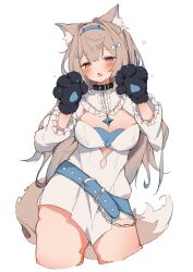 Rule 34 | 1girl, absurdres, animal ear fluff, animal ears, animal hands, bandaid, bandaid hair ornament, belt, belt collar, black collar, blonde hair, blue belt, blue hair, blush, breasts, cleavage, cleavage cutout, clothing cutout, collar, dog ears, dog girl, dog paws, dog tail, dress, fuwawa abyssgard, fuwawa abyssgard (1st costume), hair ornament, hairpin, highres, hololive, hololive english, large breasts, long hair, looking at viewer, multicolored hair, open mouth, short dress, sidelocks, spiked collar, spikes, streaked hair, tail, tntl nemui, two side up, virtual youtuber, white background, white dress