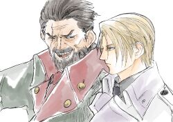 Rule 34 | 2boys, absurdres, beard, black coat, black necktie, blonde hair, blue eyes, brown hair, closed mouth, coat, collared shirt, facial hair, final fantasy, final fantasy vii, final fantasy vii rebirth, final fantasy vii remake, grey shirt, hair slicked back, heidegger (ff7), highres, looking at another, male focus, multiple boys, necktie, nomoss06, open mouth, parted bangs, red coat, red necktie, rufus shinra, scar, scar across eye, shirt, short hair, square enix, talking, two-sided coat, two-sided fabric, white background, white coat