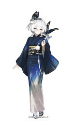 1girl animal blue_eyes dango food garuku gloves hair_between_eyes japanese_clothes kimono looking_at_viewer mask mask_on_head obi obiage obijime official_art oshiro_project:re sash shikano_(oshiro_project) short_hair solo wagashi white_background white_gloves white_hair