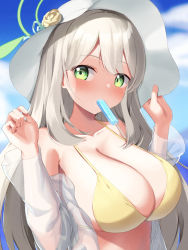 Rule 34 | 1girl, arms up, bikini, blue archive, blue sky, blush, breasts, cleavage, collarbone, commentary, day, eating, flower, food, food in mouth, green eyes, grey hair, hair between eyes, halo, hat, hat flower, highres, humo, jacket, large breasts, long hair, looking at viewer, mouth hold, nonomi (blue archive), outdoors, popsicle, see-through, see-through jacket, sky, sun hat, swimsuit, upper body, white hat, white jacket, yellow bikini
