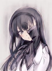 Rule 34 | 10s, 1girl, akemi homura, black eyes, black hair, covering one eye, crying, crying with eyes open, grey background, hand on own face, hand over eye, kawata hisashi, long hair, looking at viewer, mahou shoujo madoka magica, mahou shoujo madoka magica (anime), muted color, simple background, sketch, sleeves past wrists, solo, tears, upper body