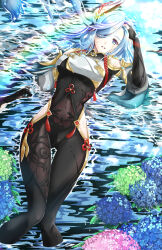 Rule 34 | 1girl, blue eyes, bodysuit, breast curtain, bridal gauntlets, chiga akira, clothing cutout, flower, genshin impact, hair over one eye, highres, hip vent, hydrangea, long hair, looking at viewer, lying, on back, on water, shenhe (genshin impact), shoulder cutout, smile, solo, thighhighs, water drop, white hair