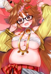 Rule 34 | 1girl, absurdres, belly, bindi, blue pants, bow, breasts, brown eyes, brown hair, cleavage, closed mouth, elephant hat, fate/grand order, fate (series), ganesha (fate), glasses, highres, jewelry, jinako carigiri, large breasts, long hair, looking at viewer, midriff, navel, necklace, no bra, open clothes, open shirt, pants, plump, sitting, solo, striped, striped bow, suzuho hotaru, waist bow