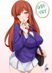Rule 34 | 10s, 1girl, absurdres, breasts, darkmaya, finger in own mouth, finger to mouth, green eyes, gundam, gundam build fighters, gundam build fighters try, highres, kamiki mirai, large breasts, looking at viewer, red hair, signature, skirt, solo, speech bubble
