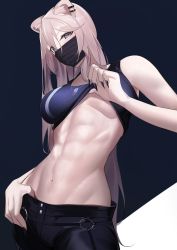 Rule 34 | 1girl, abs, animal ears, breasts, copyright request, cowboy shot, fingernails, grey eyes, highres, hololive, long hair, looking at viewer, mask, mouth mask, muscular, muscular female, sharp fingernails, shishiro botan, shishiro botan (button-down), solo, standing, surgical mask, toned, underboob, usagits 00, virtual youtuber