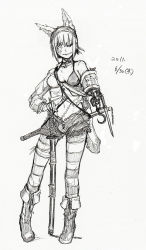 Rule 34 | 10s, 1girl, 2011, amputee, animal ears, bayonet, bikini, bikini top only, boots, chain, dated, extra ears, grin, hand on hilt, heizen (sigama), hook, open clothes, open shirt, original, pantyhose, prosthesis, scar, shirt, short hair, shorts, sigama, sigma (artist), sketch, smile, swimsuit, sword, weapon, wolf ears