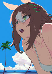 Rule 34 | 1girl, animal ears, bare shoulders, bikini, breasts, brown hair, cleavage, cloud, clover hair ornament, collarbone, commentary, day, english commentary, fine motion (umamusume), green eyes, hair between eyes, hair bun, hair ornament, highres, horse ears, leaning forward, looking afar, multicolored hair, open mouth, outdoors, palm tree, sarcophage, short hair, small breasts, solo, streaked hair, swimsuit, tree, umamusume, upper body, wet, white bikini