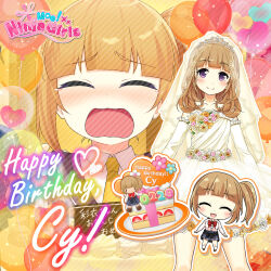 Rule 34 | 1girl, ^ ^, balloon, bare shoulders, birthday cake, black skirt, blunt bangs, blush, bow, bowtie, breasts, bridal veil, bride, brown hair, cake, character name, chibi, closed eyes, closed mouth, commentary, copyright name, crying, detached sleeves, dress, english commentary, english text, flower, food, full body, happy birthday, heart, knees, logo, long sleeves, looking at viewer, medium hair, mizaki school uniform, moe! ninja girls, multiple views, necktie, official art, petite, pleated skirt, purple eyes, red bow, red bowtie, school uniform, shirt, skirt, small breasts, smile, socks, solo, striped clothes, striped skirt, tears, tokakushi cy, veil, wedding dress, white dress, white shirt, white sleeves, white socks, yellow necktie