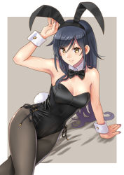 Rule 34 | 1girl, animal ears, arm support, arm up, armpits, bare shoulders, black bow, black bowtie, black hair, black leotard, black pantyhose, bow, bowtie, breasts, cleavage, closed mouth, commentary request, detached collar, fake animal ears, hairband, highres, katahira masashi, leotard, long hair, looking at viewer, medium breasts, nail polish, original, pantyhose, playboy bunny, purple nails, rabbit ears, sidelocks, sitting, smile, solo, very long hair, wrist cuffs, yellow eyes