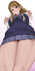 Rule 34 | 1girl, absurdres, apple (ygbhjdbiulsg), blue vest, bow, bowtie, breasts, brown hair, from below, gradient hair, grey skirt, grin, gyaru, highres, idolmaster, idolmaster shiny colors, izumi mei, large breasts, light brown hair, looking at viewer, looking down, multicolored hair, pleated skirt, school uniform, simple background, skirt, smile, solo, thick thighs, thighs, vest, white background