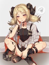 Rule 34 | 1girl, absurdres, arknights, black choker, black footwear, black shirt, choker, commentary request, commission, demon horns, elbow rest, feather necklace, head rest, highres, horns, ifrit (arknights), indian style, jacket, light blush, looking at viewer, material growth, nail polish, nanatsuka, necklace, open mouth, orange eyes, orange nails, oripathy lesion (arknights), sandals, shirt, short hair, short twintails, sitting, skeb commission, solo, speech bubble, spoken squiggle, squiggle, thigh strap, toenail polish, toenails, twintails, white jacket