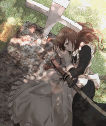 Rule 34 | 1girl, apron, black dress, brown hair, check commentary, commentary, commentary request, cross, dappled sunlight, day, dress, frilled apron, frills, from above, grass, grave, highres, katana, long sleeves, lying, maid apron, medium hair, on ground, on side, original, sheath, sheathed, solo, sunlight, sword, take (trude1945oneetyan), tombstone, weapon, white apron, yellow eyes