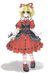 Rule 34 | 1girl, black footwear, black ribbon, blonde hair, blue eyes, bow, bowtie, collar, cross, female focus, footwear bow, full body, hair ribbon, looking at viewer, medicine melancholy, pantyhose, puffy short sleeves, puffy sleeves, red bow, red bowtie, red ribbon, red skirt, ribbon, ribbon-trimmed clothes, ribbon-trimmed skirt, ribbon-trimmed sleeves, ribbon trim, sash, shoes, short hair, short sleeves, simple background, skirt, solo, standing, striped clothes, striped legwear, striped pantyhose, touhou, white background, white collar, wrist cuffs