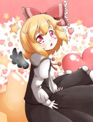 Rule 34 | 1girl, black wings, blonde hair, bow, chestnut mouth, hair bow, heart, highres, juliet sleeves, long sleeves, looking at viewer, mini wings, open mouth, puffy sleeves, red eyes, roco (katsuya1011), rumia, shirt, skirt, skirt set, solo, star (symbol), touhou, vest, wings