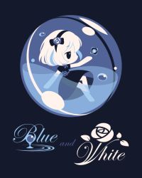 Rule 34 | 1girl, atom, black background, black dress, black hairband, bubble, chibi, cobalta, dress, english text, from side, full body, hairband, limited palette, original, short sleeves, simple background, solo, white hair