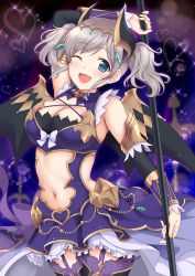 1girl, :d, ;d, absurdres, akari (princess connect!), arm up, armlet, armpit crease, bangs, bare shoulders, blue eyes, blush, boots, breasts, center opening, cleavage, commentary request, cowboy shot, demon horns, demon tail, demon wings, detached sleeves, dress, eyebrows visible through hair, garter straps, heart, highres, holding, holding spear, holding weapon, horns, large breasts, layered dress, looking at viewer, midriff, navel, one eye closed, open mouth, polearm, princess connect!, princess connect! re:dive, purple background, purple dress, purple legwear, short hair, sidelocks, sleeveless, sleeveless dress, smile, solo, spear, standing, tail, thigh boots, thighhighs, twintails, weapon, wings, yue (show-ei), zettai ryouiki