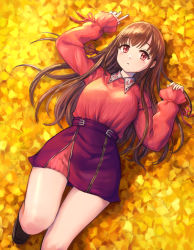 Rule 34 | 1girl, bad id, bad pixiv id, bare legs, bolbbangbbang, breasts, brown hair, expressionless, ginkgo leaf, hands up, high-waist skirt, highres, idolmaster, idolmaster shiny colors, large breasts, leaf, leg up, long hair, looking at viewer, lying, on back, red shirt, red skirt, shirt, skirt, sleeves past wrists, solo, sonoda chiyoko