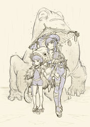 Rule 34 | 2girls, absurdres, animal, bag, bandaged leg, biting, bonesfish, boots, charm (object), commentary request, contemporary, fish, flat chest, gauntlets, geta, head biting, height difference, highres, charm (object), lamprey, midriff, monochrome, monster, multiple girls, original, oversized animal, pelvic curtain, ponytail, rain, school bag, short hair, shorts, size difference, smile, spot color, straw cape, thigh boots, thighhighs, toad (animal), umbrella