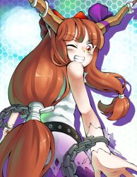 Rule 34 | 1girl, bare arms, bare shoulders, belt, black belt, blunt bangs, blush, bow, chain, clenched hand, commentary, cowboy shot, from behind, grin, hexagon, horn bow, horn ornament, horn ribbon, horns, ibuki suika, long hair, looking at viewer, looking back, low-tied long hair, one eye closed, oni, oni horns, open hand, orange eyes, orange hair, purple ribbon, purple skirt, red ribbon, ribbon, shirt, sidelocks, silhouette, skirt, sleeveless, sleeveless shirt, smile, sunnysideup, touhou, white ribbon, white shirt, wrist cuffs