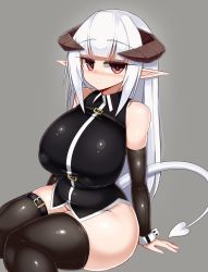 Rule 34 | 1girl, bare shoulders, belly, belt, black thighhighs, blush, bottomless, breasts, covered erect nipples, demon tail, detached sleeves, elbow gloves, gloves, grey background, highres, hip focus, horns, huge breasts, light smile, looking at viewer, original, plump, pointy ears, puffy nipples, red eyes, sawati, sitting, smile, solo, tail, thick thighs, thighhighs, thighs, wide hips, yuna (sawati)