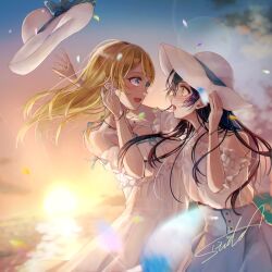 2girls ayase_eli blonde_hair blue_eyes blue_hair blue_skirt blue_sky commentary_request dress evening falling_petals gradient_sky hat long_hair love_live! love_live!_school_idol_project multiple_girls off-shoulder_dress off_shoulder open_mouth orange_sky petals reaching signature skirt sky sonoda_umi suito sun sunset white_dress white_hat yellow_eyes