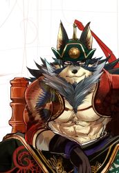 Rule 34 | 1boy, abs, animal ears, bara, bare pectorals, beige fur, chest hair, facial hair, fang, furry, furry male, goatee, green kimono, grey hair, hadanugi dousa, hair between eyes, japanese clothes, kimono, looking at viewer, male focus, mature male, muscular, muscular male, navel, ohayashi55, on chair, open clothes, open kimono, pectorals, short hair, shrug (clothing), smile, solo, spread legs, stomach, temujin (housamo), tokyo houkago summoners, unfinished, wolf boy, wolf ears